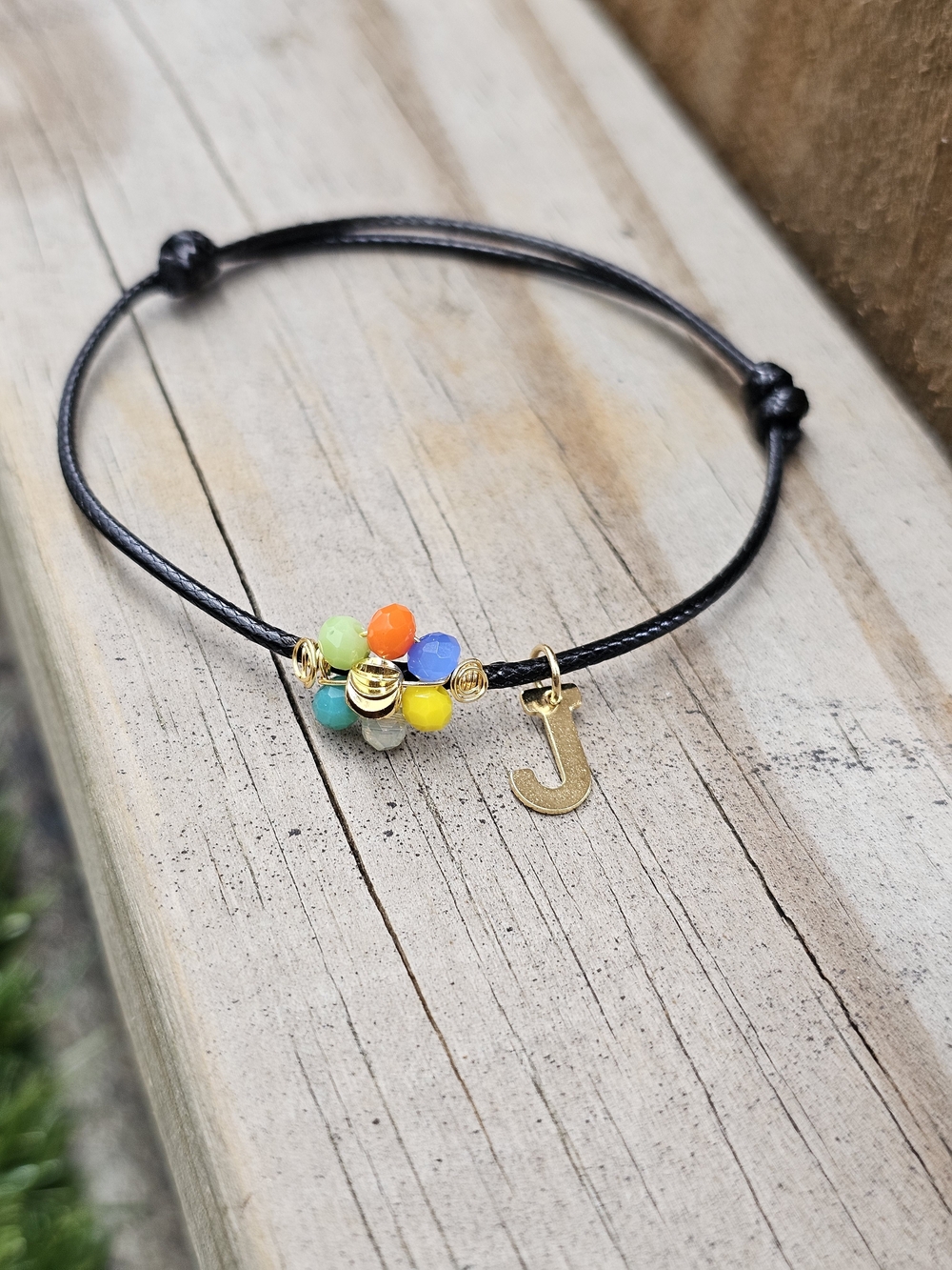 Personalized Kids Black Cord Bracelet with Gold 'J' and Multicolor Beads